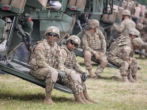 American Soldiers are seen during NATO Saber Strike military exercises on June 16, 2017 in Orzysz, Poland.