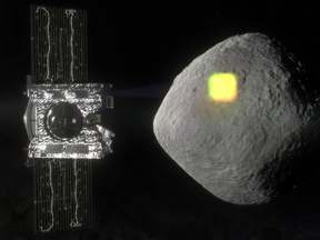 This artist's rendering  shows the mapping of the near-Earth asteroid Bennu by the OSIRIS-REx spacecraft.
