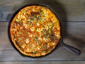 This spring frittata with Swiss chard, asparagus and peas is light yet filling.