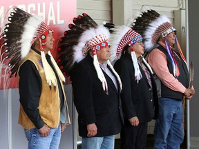 (L to R) Chief Darcy Dixon from Bearspaw First Nation, Chief Ernest Wesley of Wesley First Nation, Chief Aaron Young of Chiniki First Nation and Chief Lee Crowchild from Tsuut'ina Nation were announced as 2017 Calgary Stampede Parade Marshalls. In total, there was seven Treaty 7 Chiefs chosen to lead the parade. Wednesday June 14, 2017 in Calgary, AB.