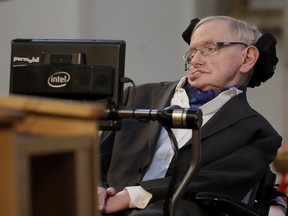 Britain's Professor Stephen Hawking delivers a keynote speech as he receives the Honorary Freedom of the City of London during a ceremony at the Guildhall in the City of London, Monday, March 6, 2017.