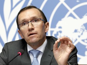 United Nations Special Advisor of the Secretary-General on Cyprus Espen Barth Eide speaks to the media one day before resumption of Cyprus Peace Talks, at the European headquarters of the United Nations in Geneva, Switzerland, Tuesday, June 27, 2017. (Salvatore Di Nolfi/Keystone via AP)