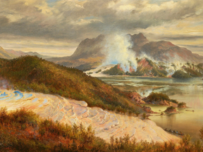 Charles Blomfield's  1886 painting "Pink and White Terraces". The terraces, believed destroyed in 1886, once attracted tourists to New Zealand from around the world.