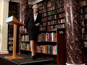 Prime Minister Theresa May leaves after delivering a speech as she resumes the Conservative party election campaign on June 5, 2017 in London, England.