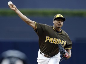 San Diego Padres starting pitcher Luis Perdomo throws during the first inning of the team's baseball game against the Detroit Tigers in San Diego, Friday, June 23, 2017. (AP Photo/Alex Gallardo)