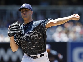 San Diego Padres starting pitcher Clayton Richard throws to the plate during the first inning of a baseball game against the Detroit Tigers in San Diego, Sunday, June 25, 2017. (AP Photo/Alex Gallardo)