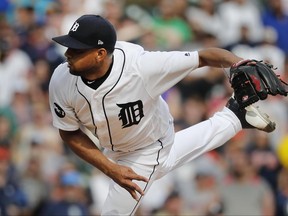 FILE - In this April 10, 2017, file photo, Detroit Tigers relief pitcher Francisco Rodriguez throws against the Boston Red Sox in the ninth inning of a baseball game in Detroit. The Tigers have released Rodriguez, Friday, June 23, 2017, one day after the 35-year-old reliever allowed a grand slam to Robinson Cano in his latest rough outing. (AP Photo/Paul Sancya, File)