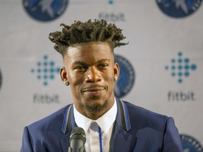 Minnesota Timberwolves new point guard Jimmy Butler smiles during a press conference at Mall of America in Bloomington, Minn., on Thursday, June 29, 2017.(AP Photo/Andy Clayton-King)