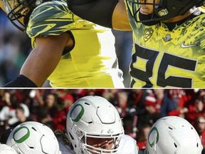 FILE - From top are photos showing Oregon NCAA college football players wearing green, black, and white helmets during NCAA college football games. The NCAA football oversight committee wants to determine whether style is coming at the expense of safety. The committee will meet next week in Indianapolis and one of the agenda items is to begin studying whether players using multiple helmets could increase the potential for concussions and serious head and neck injuries. (AP Photo/File)