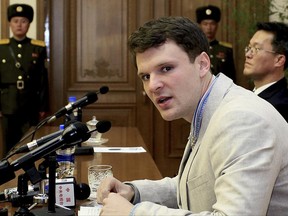 FILE - In this Feb. 29, 2016, file photo, American student Otto Warmbier speaks as he is presented to reporters in Pyongyang, North Korea. More than 15 months after he gave a staged confession in North Korea, he is with his Ohio family again. But whether he is even aware of that is uncertain. (AP Photo/Kim Kwang Hyon, File)