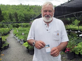 In this Monday, June 19, 2017 photo, George Africa shows a state health department tick information card that he hands out to customers at his Vermont Flower Farm nursery in Marshfield, Vt., to educate them about ticks.  Tick numbers are on the rise across New England this spring, raising the prospect of an increase in Lyme and other diseases.  (AP Photo/Lisa Rathke)