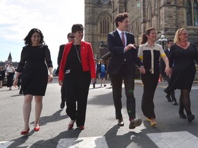 Status of Women Minister Maryam Monsef (left to right), Minister of International Development and La Francophonie Marie-Claude Bibeau (left to right), Prime Minister Justin Trudeau, Sophie Gregoire Trudeau and Women Deliver President and CEO Katja Iversen arrive at a Women Deliver event in Ottawa on Tuesday, June 13, 2017.
