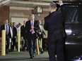 President Donald Trump walks to his motorcade vehicle after visiting MedStar Washington Hospital Center in Washington, Wednesday, June 14, 2017, where House Majority Leader Steve Scalise of La. was taken after being shot in Alexandria, Va., during a Congressional baseball practice. (AP Photo/Pablo Martinez Monsivais)