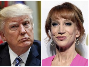In this combination photo, President Donald Trump appears in the White House in Washington on  March 13, 2017, left, and comedian Kathy Griffin appears at the Clive Davis and The Recording Academy Pre-Grammy Gala in Beverly Hills, Calif. on Feb. 11, 2017. Griffin and her attorney spoke at a news conference on Friday, June 2, 2017, to discuss the fallout from the comedian posing with a likeness of Trump's severed head.