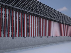 This image provided by Gleason Partners LLC shows a rendering of the side of a border wall concept that faces the U.S. that incorporates solar panels into the design. President Donald Trump wants to add solar panels to his long-promised southern border wall - a plan he says would help pay for the wall's construction and add to its aesthetic appeal. The idea also was proposed by one of the companies that submitted a design to the government as a border wall prototype. The bid by Las Vegas-based Gleason Partners LLC proposed covering some sections of the wall with solar panels to provide electricity for lighting, sensors and patrol stations along the wall. Gleason said sales of electricity to utilities could cover the cost of construction in 20 years or less, and suggested that power could also be sold to Mexico. (Gleason Partners LLC via AP)