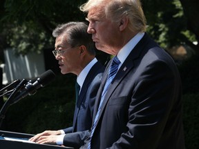 President Donald Trump and South Korean President Moon Jae-in deliver joint statements in the Rose Garden of the White House on June 30, 2017 in Washington, DC.