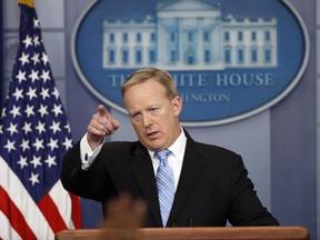 White House press secretary Sean Spicer points to a questioner during the daily news briefing at the White House in Washington, Monday, June 26, 2017. (AP Photo/Alex Brandon)