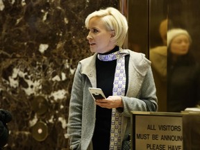 In this Nov. 29, 2016 file photo Mika Brzezinski waits for an elevator in the lobby at Trump Tower, Tuesday, Nov. 29, 2016, in New York. President Donald Trump has used a series of tweets to go after Mika Brzezinski and Joe Scarborough, who've criticized Trump on their MSNBC show "Morning Joe."