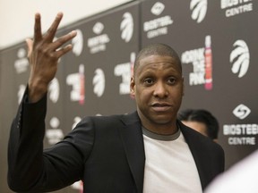 Toronto Raptors president Masai Ujiri speaks with reporters on June 20.