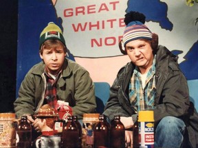 Rick Moranis, left, and Dave Thomas are shown in this undated handout photo as the characters Bob and Doug McKenzie in this scene from the SCTV comedy series.