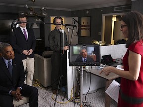 This image released by HBO shows President Barack Obama, left, with filmmaker Alexandra Pelosi during the filming of "The Words That Built America," airing on the Fourth of July on HBO. (HBO via AP)