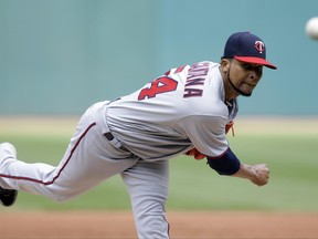 Minnesota Twins starting pitcher Ervin Santana delivers in the first inning of a baseball game against the Cleveland Indians, Sunday, June 25, 2017, in Cleveland. (AP Photo/Tony Dejak)