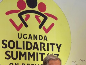 United Nations Secretary-General Antonio Guterres attends the Uganda Solidarity Summit on Refugees in Kampala, Uganda Friday, June 23, 2017. The United Nations secretary-general is making a plea for the protection of refugees around the world, saying some richer countries haven't been as tolerant as some in Africa, and seeking $8 billion for nearly a million South Sudanese refugees and the host communities that officials say are near the breaking point. (AP Photo/Stephen Wandera)