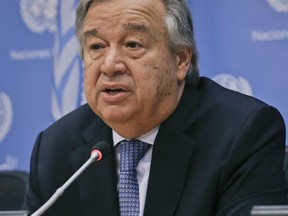 United Nations Secretary-General António Guterres speaks during his first press conference with U.N. correspondents, on World Refugee Day, Tuesday, June 20, 2017 at U.N. headquarters. (AP Photo/Bebeto Matthews)