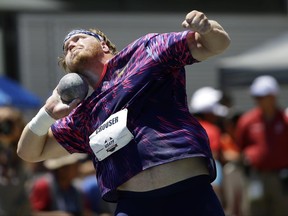 Ryan Crouser competes in the men's shot put at the U.S. Track and Field Championships, Sunday, June 25, 2017, in Sacramento, Calif. Crouser won the event. (AP Photo/Rich Pedroncelli)