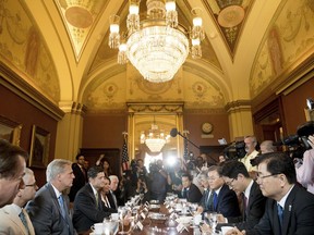 House Speaker Paul Ryan of Wis., fourth from left, accompanied by House Majority Leader Kevin McCarthy of Calif., third from left, House Minority Leader Nancy Pelosi of Calif., fifth from left, and House Minority Whip Steny Hoyer, D-Md., sixth from left, meets with South Korean President Moon Jae-in, third from right, on Capitol Hill in Washington, Thursday, June 29, 2017. (AP Photo/Andrew Harnik)