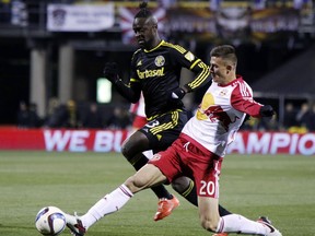 FILE - In this Nov. 22, 2015, file photo, New York Red Bulls defender Matt Miazga, right, works for the ball against Columbus Crew forward Kei Kamara during the first leg of the MLS soccer Eastern Conference championship in Columbus, Ohio. Miazga is with the U.S. national team for the first time in more than a year as the Americans prepare for a Saturday, July 1, exhibition against Ghana and the CONCACAF Gold Cup. (AP Photo/Paul Vernon)
