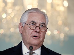 Secretary of State Rex Tillerson speaks about Qatar at the State Department in Washington, Friday June 9, 2017. Tillerson is calling on Saudi Arabia, Egypt, the United Arab Emirates and Bahrain to immediately ease their blockade on Qatar.  (AP Photo/Jacquelyn Martin)