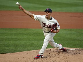 Minnesota Twins starting pitcher Jose Berrios throws to the Chicago White Sox during the first inning of a baseball game Wednesday, June 21, 2017, in Minneapolis. (AP Photo/Bruce Kluckhohn)