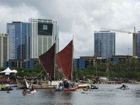 The Polynesian Voyaging Society's sailing canoe Hokulea arrived at Magic Island in Honolulu on Saturday, June 17, 2017