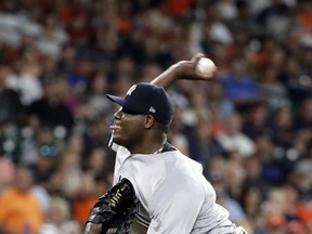 New York Yankees starting pitcher Michael Pineda throws against the Houston Astros during the first inning of a baseball game Friday, June 30, 2017, in Houston. (AP Photo/David J. Phillip)