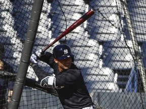 FILE - In this Feb. 17, 2017, file photo, New York Yankees' Gleyber Torres during a spring training baseball workout in Tampa, Fla. Top Yankees prospect Torres has a torn ligament in his non-throwing elbow and will have Tommy John surgery that will sideline him until spring training. (AP Photo/Matt Rourke, File)