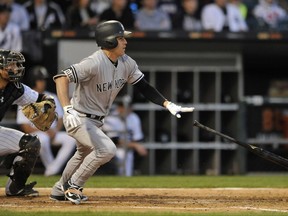 New York Yankees' Jacoby Ellsbury watches his single during the fourth inning of a baseball game against the Chicago White Sox Monday, June 26, 2017, in Chicago. (AP Photo/Paul Beaty)