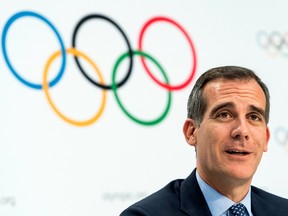 Eric Garcetti, the mayor of Los Angeles, speaks during a press conference ion Lausanne, Switzerland. on July 11.