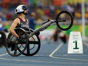 In this Sept. 17, 2016 file photo, Brent Lakatos prepares for the T53/54 4x400m relay final at the Rio Paralympics.