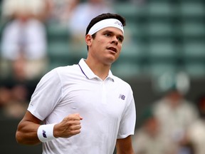 Milos Raonic of Canada reacts during the Gentlemen's Singles first round match against Jan-Lennard Struff of Germany on day two of the Wimbledon Lawn Tennis Championships at the All England Lawn Tennis and Croquet Club on July 4, 2017 in London, England.