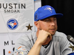 Justin Smoak of the Toronto Blue Jays and the American League speaks with the media during Gatorade All-Star Workout Day ahead of the 88th MLB All-Star Game at Marlins Park on July 10, 2017 in Miami, Florida.