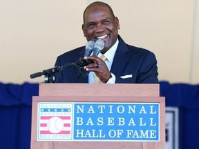 COOPERSTOWN, NY - JULY 30:  Tim Raines gives his induction speech at Clark Sports Center during the Baseball Hall of Fame induction ceremony on July 30, 2017 in Cooperstown, New York.  (Photo by Mike Stobe/Getty Images) ORG XMIT: 700072356