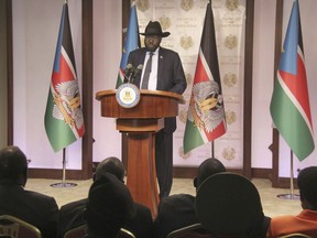 President of South Sudan Salva Kiir Mayardit speaks on the occasion of the sixth anniversary of his country's independence at the presidential palace in Juba, Sunday, July 9, 2017. For the second year in a row, the world's youngest nation will not have any official celebrations to mark the anniversary of its birth because of the widespread suffering caused by its ongoing civil war. (AP Photo/ Samir Bol)