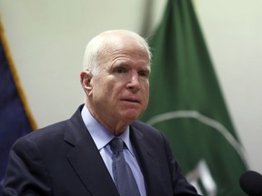 U.S. Senator John McCain, speaks during a press conference at the Resolute Support headquarters in Kabul, Afghanistan, Tuesday, July 4, 2017. (AP Photo/Rahmat Gul)