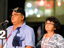 Carson and Regina Poitras at the Assembly of First Nations' general meeting Regina on July 27, 2017. They urged that the National Inquiry into Missing and Murdered Indigenous Women and Girls be allowed to continue.