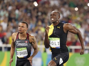 Andre De Grasse (L), who won 100-metre bronze and 200-metre silver behind Usain Bolt (R) at last year's Rio Olympics, has been tipped as a natural successor to the Jamaican.