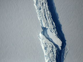 This November 10, 2016, image obtained from NASA shows the Antarctic Peninsula's rift in the Larsen C ice shelf from NASA's IceBridge mission Digital Mapping System.