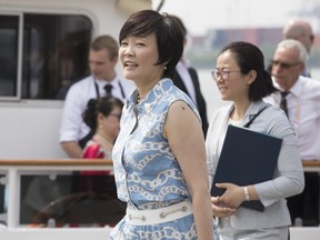 Akie Abe, wife of Shinzo Abe, Prime Minister of Japan, leaves the boat "Diplomat" on the river Elbe as she takes part in the G20 Summit Spouse Program on July 7, 2017 in Hamburg, Germany.