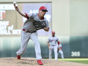 Los Angeles Angels starting pitcher Alex Meyer pitches to the Minnesota Twins in the first inning of a baseball game, Monday July 3, 2017, in Minneapolis. (AP Photo/John Autey)