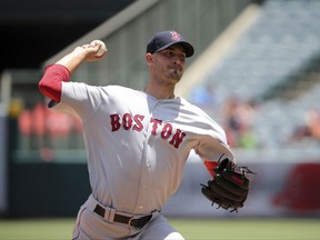 Boston Red Sox starter Rick Porcello pitches to the Los Angeles Angels in the first inning of a baseball game in Anaheim, Calif., Sunday, July 23, 2017. (AP Photo/Reed Saxon)